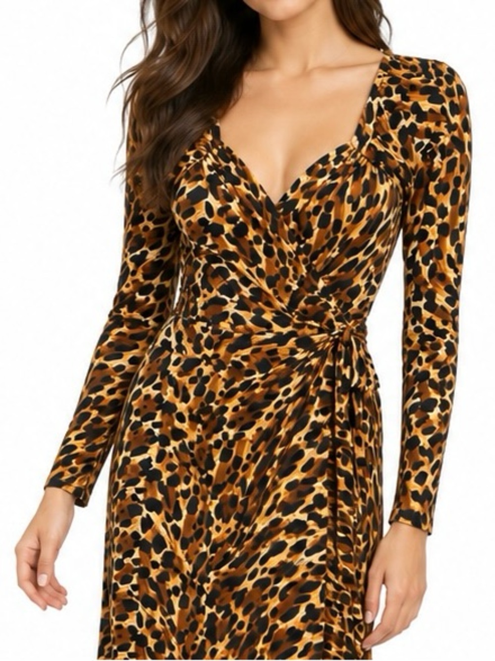 Norma Kamali Leopard Print Midi True Wrap Dress Large Stretch Jersey Long Sleeve